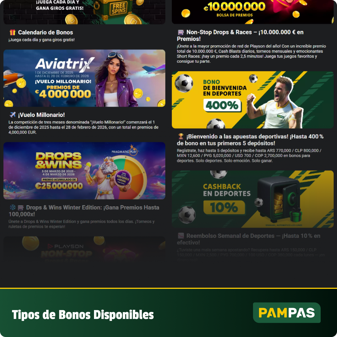 Tipos de bonos generales en Pampas Casino Argentina