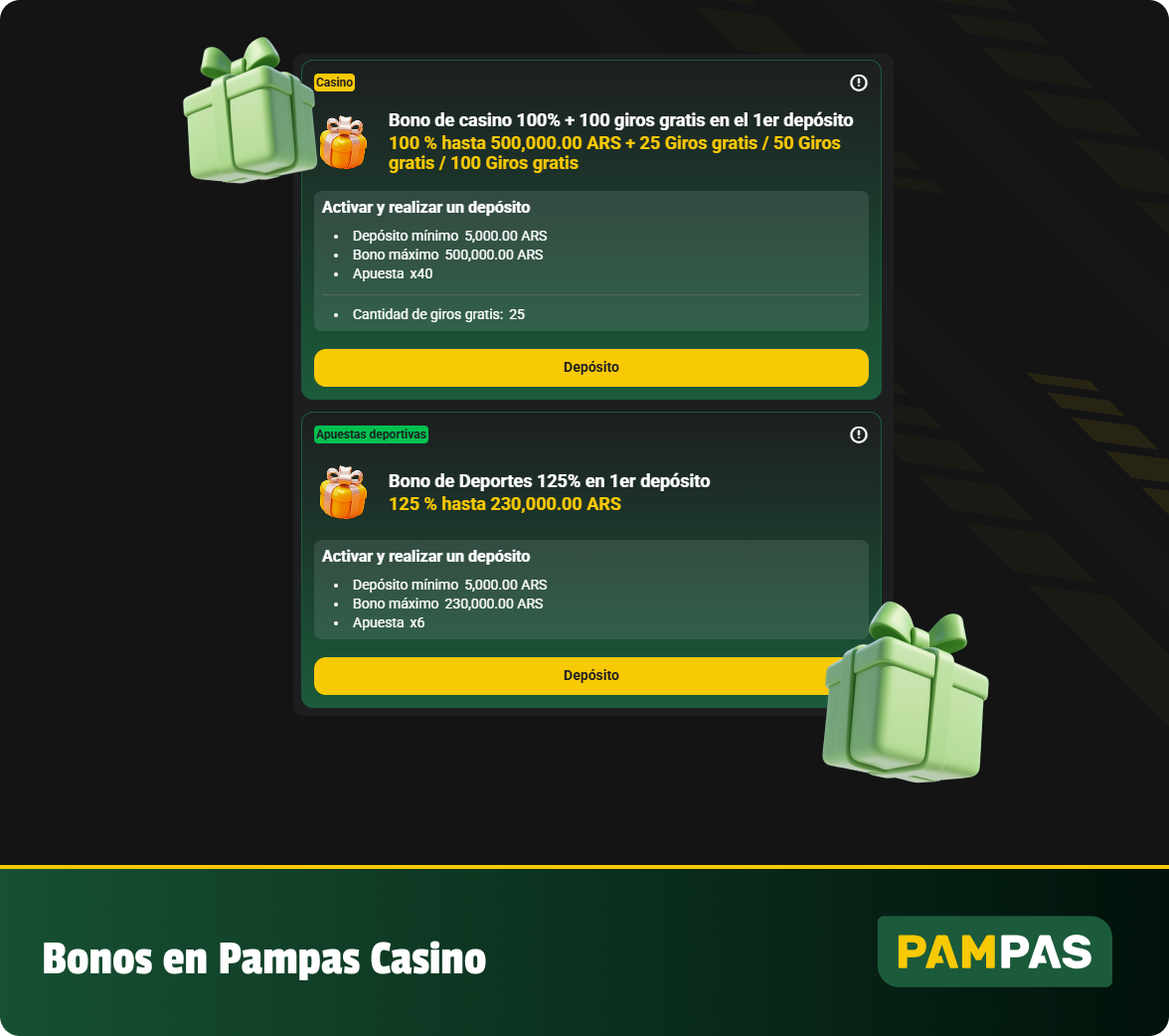 Los jugadores argentinos de Pampas pueden elegir un bono de bienvenida y una docena de ofertas de bonos adicionales.