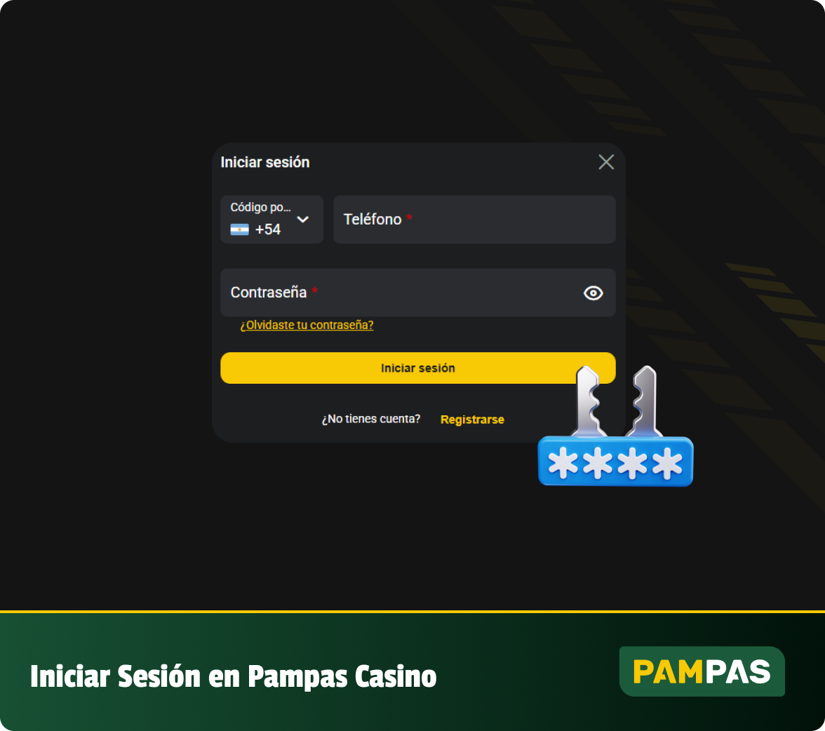 Para iniciar sesión en Pampas, presione el botón amarillo "Iniciar sesión" en el encabezado y complete su información